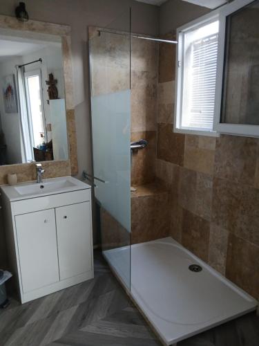 a bathroom with a shower and a sink at Jolie appartement refait à neuf in Saintes-Maries-de-la-Mer