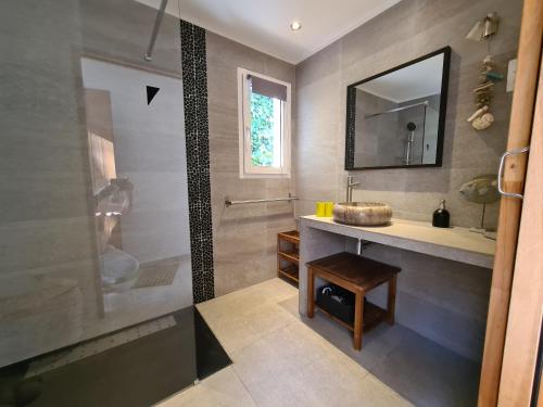 une salle de bain avec un lavabo et une douche dans l'établissement Sorbier, à Corbara