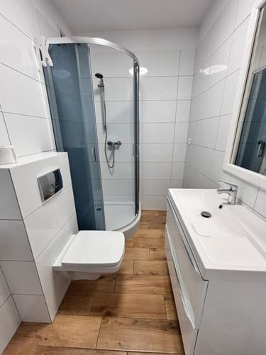 a bathroom with a shower and a toilet and a sink at Kwatery u Szymka in Jastarnia