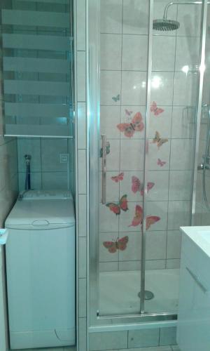 une douche avec une porte vitrée à côté des toilettes dans l'établissement Rce les Coraux, cosy T1, situé à 7' à pied de la plage et du centre, clim, wifi, parking privé, piscines, à Canet