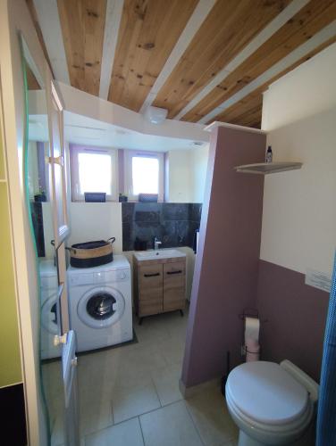 La salle de bains est pourvue de toilettes et d'un lave-linge. dans l'établissement Meublé cosy indépendant et tout confort, proche Cholet, à Trémentines