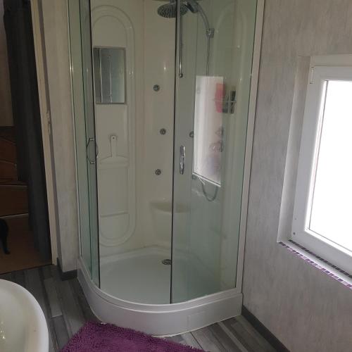 une douche avec une porte vitrée dans une salle de bain dans l'établissement appartement avec une chambre avec un grand lit , une d'enfant et un clic-clac dans la piece de vie, à Bazouges-sur-le-Loir