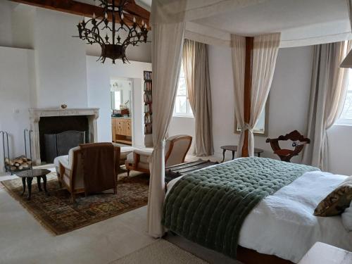 - une chambre avec un lit, un bureau et une cheminée dans l'établissement Jas des gros bonnets, à Redortiers