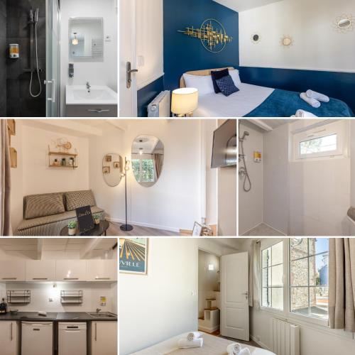 un collage de photos d'une chambre et d'une salle de bains dans l'établissement La Trouvillaise - Traditionnelle - Cœur De Trouville, à Trouville-sur-Mer