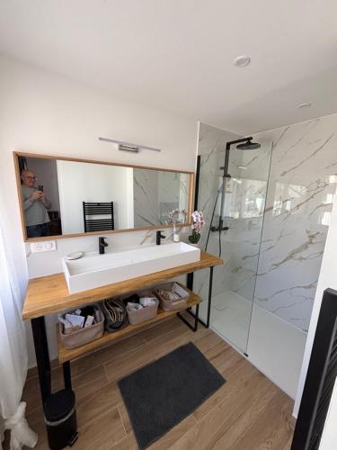 une salle de bain avec un lavabo et une douche dans l'établissement le petit sport 2, à La Salle Les Alpes