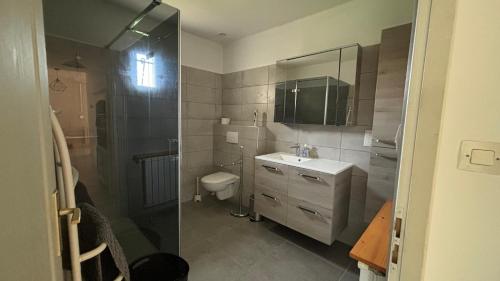 une salle de bain avec toilettes, lavabo et douche dans l'établissement Jolie maison avec piscine et vue sur le Mont Ventoux, à Mormoiron