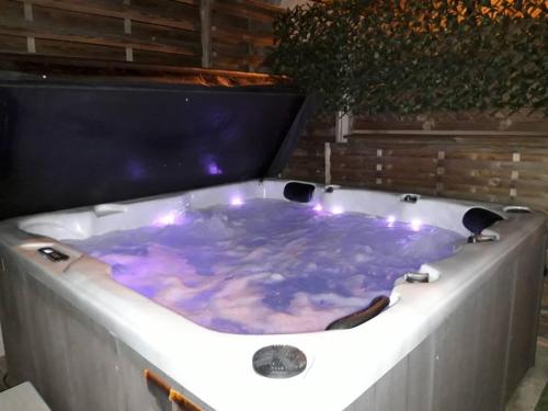 une baignoire jacuzzi avec de l'eau violette dans l'établissement Chambre Lavighiu, à Patrimonio