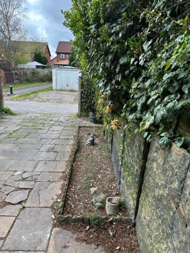 Un gato sentado en un jardín junto a una valla. en Abigail house, en Westhoughton