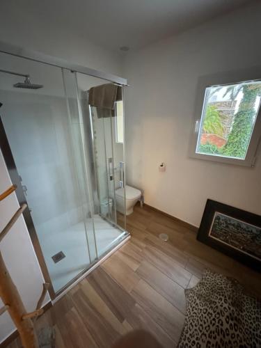 トレモリノスにあるLa Roca Suite Balcón al marのバスルーム(ガラス張りのシャワー、トイレ付)