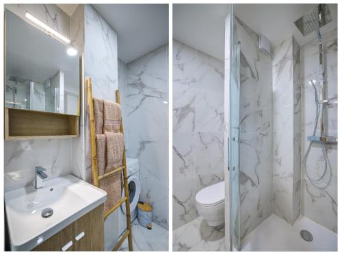 - deux photos d'une salle de bains avec douche et lavabo dans l'établissement Antibes proche de la plage ,Appartement lumineux et climatisé, à Antibes