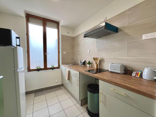 a kitchen with a counter and a sink and a refrigerator at Duplex rénové à 15 min de Lyon in Saint-Fons