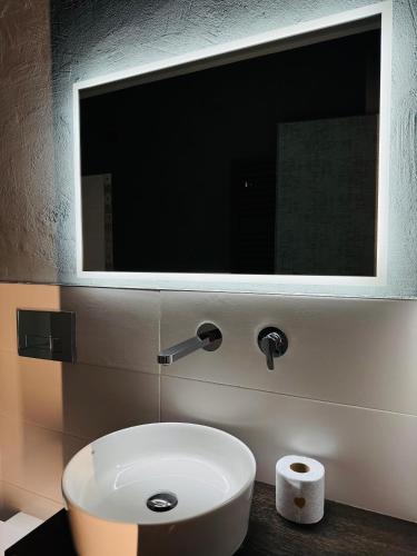 a bathroom with a white sink and a mirror at Villa Riviera Hotel Udine in Pradamano