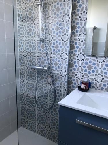 une salle de bain avec une douche avec un lavabo et un miroir dans l'établissement Grande maison ancienne rénovée, à Saint-Pierre-dʼOléron