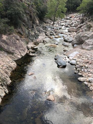un ruisseau d'eau avec des rochers dans une rivière dans l'établissement Peaceful haven in Corsica, à Guaita