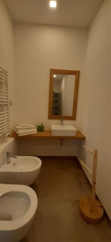 a bathroom with a toilet and a sink and a mirror at Lispusada Agriturismo Adults Only in Biancareddu