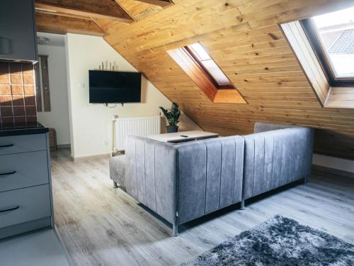 a living room with wooden ceilings and skylights at Dżem's Apartaments in Lidzbark Warmiński