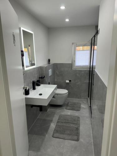 a bathroom with a sink and a toilet and a mirror at Stylish Home Theater Apartment 3 in Kreuztal