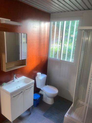 a bathroom with a toilet and a sink and a window at Villa Le Flamboyant de Grenade in Pointe-Noire