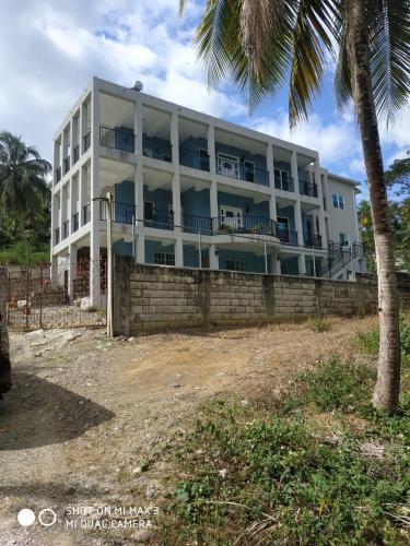 a large white building with palm trees in front of it at Portland Jamaica! Green and Lush! Volcano and Falls Yes! in Lenox