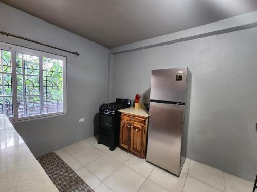 a kitchen with a stainless steel refrigerator and a stove at Portland Jamaica! Green and Lush! Volcano and Falls Yes! in Lenox