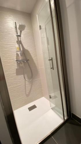 une douche dans une salle de bain avec une porte vitrée dans l'établissement La Douceur Tourangelle, à Tours