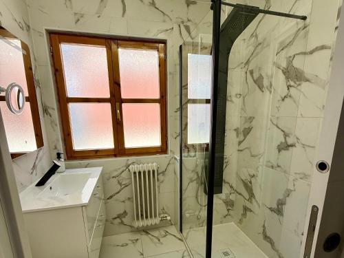baño con ducha, lavabo y ventana en Vivienda Plaza Mayor, en León