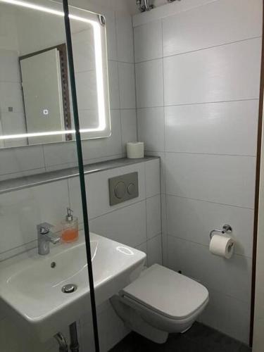 a bathroom with a toilet and a sink and a mirror at Oben in der 14 Etage in Braunlage
