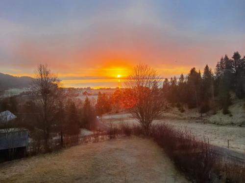 a sunset in a field with the sun in the sky at Adventure house Katrine in Mosvik