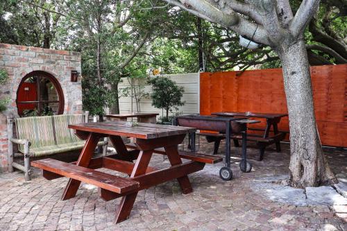 a group of picnic tables and a grill next to a tree at Hermanus Backpackers & Budget Accommodation in Hermanus