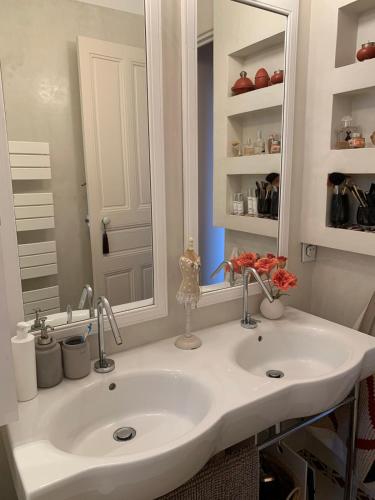 une salle de bain avec un lavabo blanc et un miroir dans l'établissement Vue mer exceptionnelle dans château, à Sausset-les-Pins