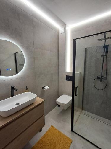 a bathroom with a sink and a toilet and a mirror at Gold & Green Apartment in Keszthely