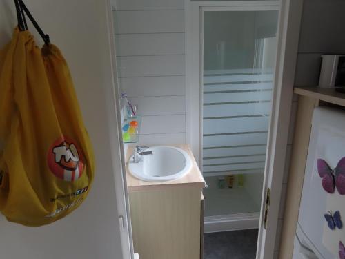 La salle de bains est pourvue d'un lavabo et d'un sac en banane sur le mur. dans l'établissement Mobile home dans un camping à saint Arnoult, à Saint-Arnoult