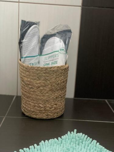a basket full of supplies on a counter top at Plaka Luxury Villa in Litochoro
