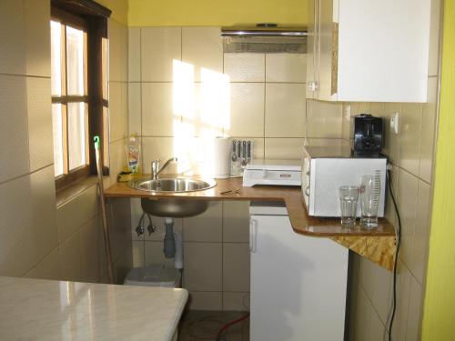 a small kitchen with a sink and a microwave at Marina Karsibór in Karsibór