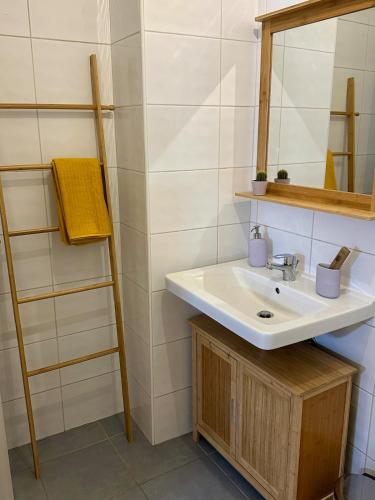 a bathroom with a sink and a mirror at Zentrale Wohnung mit Parkplatz in Graz