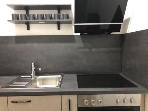 a kitchen with a sink and a stove at Neu saniert, 7 Personen, direkt an der Autobahn und Mercedes Werk in Sindelfingen