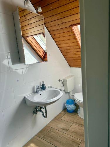 a bathroom with a sink and a toilet at Pension Hesse in Lüdenscheid
