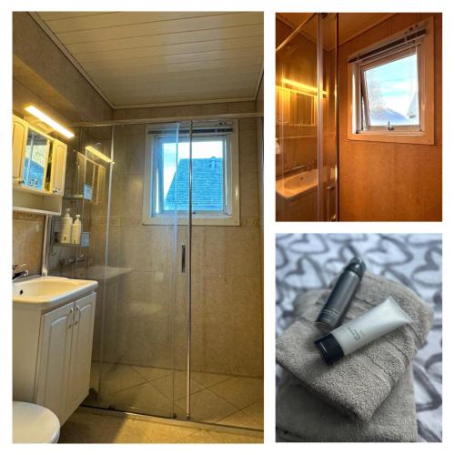 two pictures of a bathroom with a shower and a sink at StarApartment Trolltunga 2 BR in Odda
