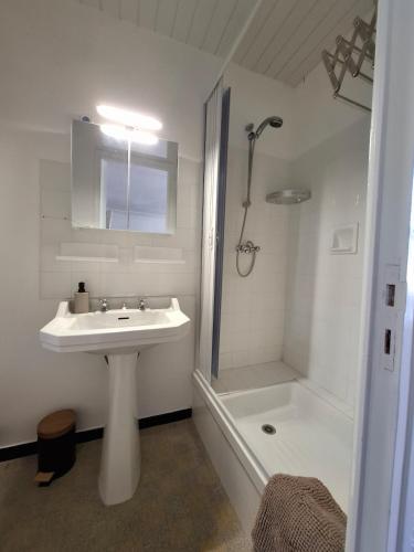 une salle de bain blanche avec un lavabo et une douche dans l'établissement Meublé de tourisme 2 etoiles au cœur de Belvédère, à Belvédère