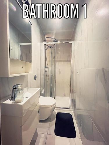 a bathroom with a shower and a toilet and a sink at Charming and gorgeous traditional house in Cospicua which is only a two minute walk away to the city centre makes it perfect for a cozy stay in Malta in Cospicua