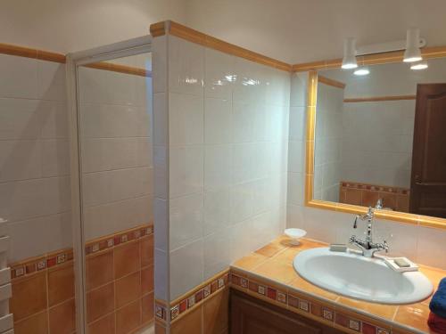 une salle de bain avec un lavabo et un miroir dans l'établissement Villa Erbella with sea view from balcony and lovely garden, à La Celle-sous-Gouzon