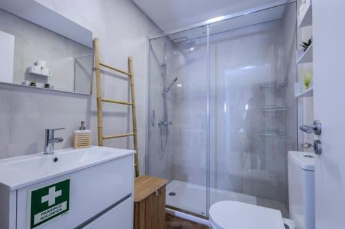 Un baño con ducha, lavabo e inodoro. en Nono Guest House, en Ribeira Grande