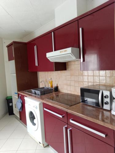 une cuisine avec des placards rouges et un lave-linge/sèche-linge dans l'établissement Maisonnette, à Saintes