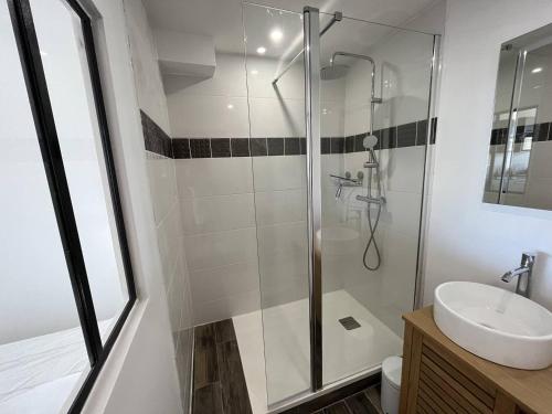 une salle de bain avec douche et lavabo dans l'établissement Studio 4 couchages CAP D'AGDE NATURISME CN060-E69, au Cap d'Agde