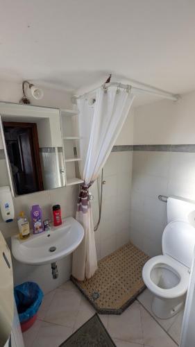 a bathroom with a white toilet and a sink at Trullo Malvisco in Alberobello