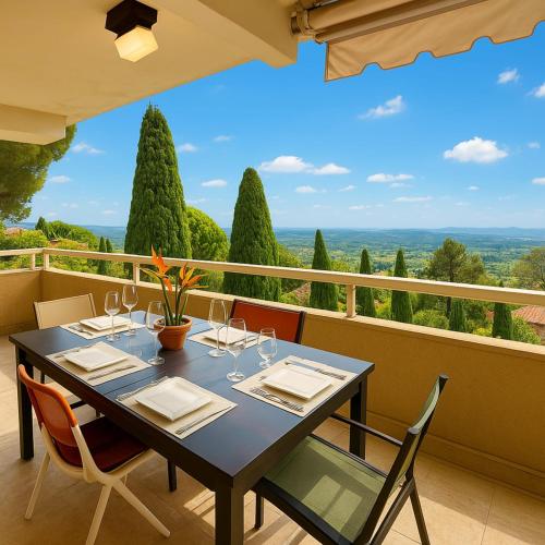 une table et des chaises sur un balcon avec vue dans l'établissement Nice 4 bedroom apartment with sea view - air conditioning - pool, à Grasse