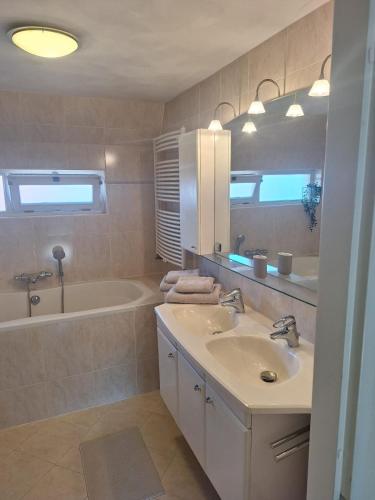 a bathroom with a sink and a tub and a mirror at Juul's Rooftop gratis parkeren in Noordwijk