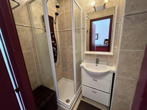 une salle de bain avec un lavabo et une douche avec un miroir dans l'établissement Studio 2 couchages CAP D'AGDE NATURISME CN060-J301, au Cap d'Agde