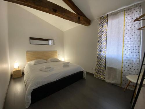une chambre avec un grand lit et une fenêtre dans l'établissement Appartement cœur historique, à Albi