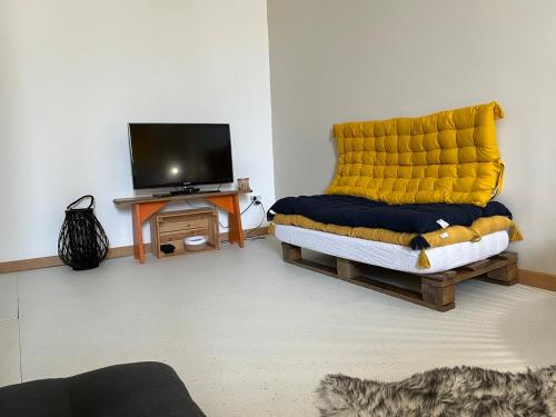 - un salon avec un canapé jaune et une télévision dans l'établissement Logis en Périgord - Entre bastides et vignobles - 2 personnes, à Saint-Aubin-de-Lanquais